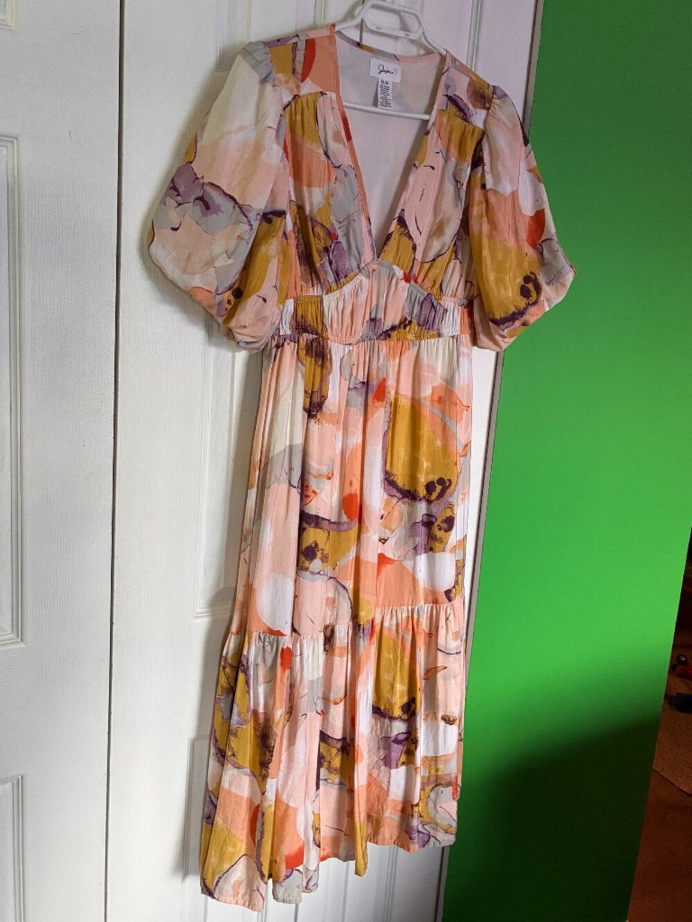 Japna Aritzia V Neck Abstract Watercolour Puff Sleeve Dress Size M